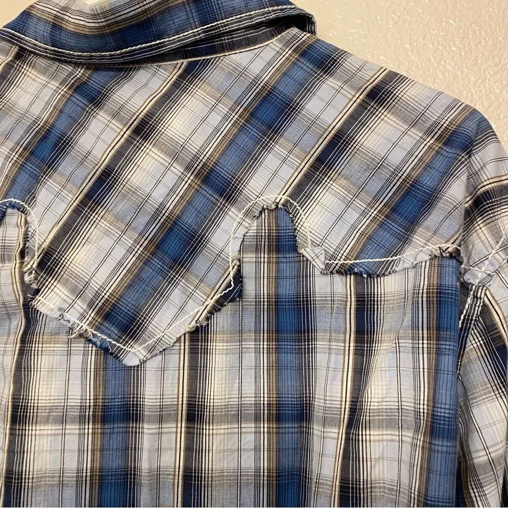 Buckle BKE athletic fit blue plaid thick stitch button up Western cotton shirt L - Picture 4 of 10